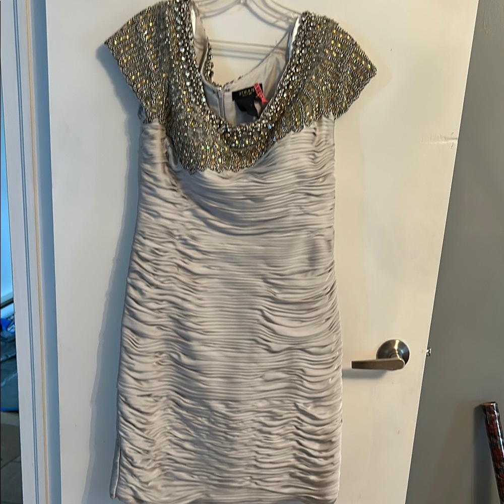 Terani Couture Metallic Mini Dress with Gold Accents